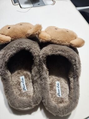Womens Brown Plush Bear Slippers